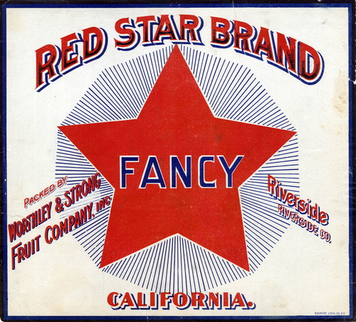 Crate label, "Red Star Brand." Fancy. Packed by Worthley & Strong. Riverside, Calif