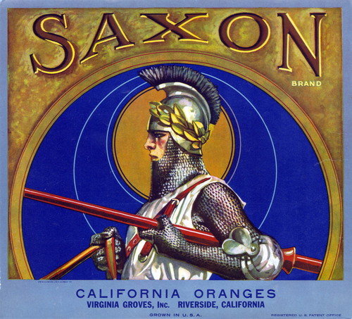 Crate label, "Saxon Brand." California Oranges. Virginia Groves, Inc. Riverside, Calif