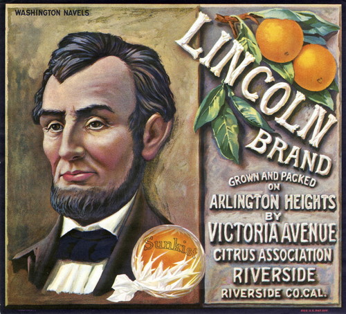Crate label, "Lincoln Brand." Grown and packed on Arlington Heights by Victoria Avenue Citrus Association. Riverside, Calif