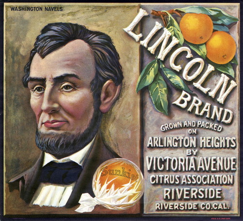 Crate label, "Lincoln Brand." Grown and packed on Arlington Heights by Victoria Avenue Citrus Association. Riverside, Calif