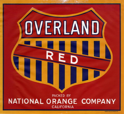 Crate label, "Overland Red." Packed by National Orange Company. Riverside, Calif