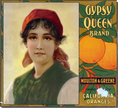 Crate label, "Gypsy Queen Brand." Moulton & Greene. Packers and Shippers of California Oranges