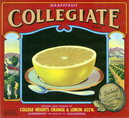 Crate label, "Collegiate Brand." Grown and packed by College Heights Orange & Lemon Assn. Claremont, Los Angeles Co., Calif