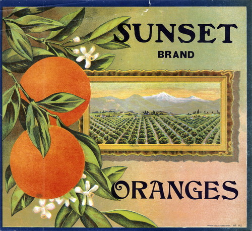 Crate label, "Sunset Brand." Oranges