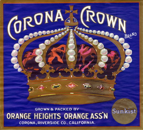 Crate label, "Corona Crown." Grown and packed by Orange Heights Orange Assn. Corona, Riverside Co., Calif