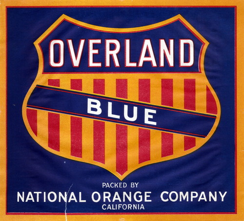 Crate label, "Overland Blue." Packed by National Orange Company. Riverside, Calif