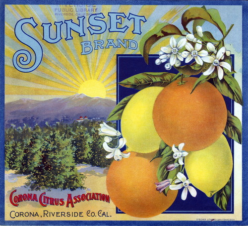 Crate label, "Sunset Brand." Corona Citrus Association, Corona, Riverside Co., Calif