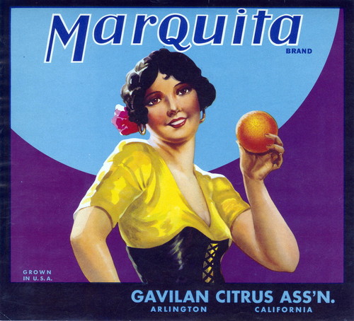 Crate label, "Marquita Brand." Gavilan Citrus Association, Arlington, Riverside Co., Calif