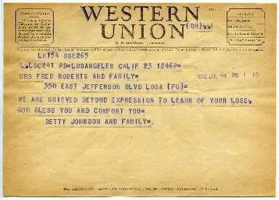 Condolence telegrams to Pearl Roberts upon the death of her husband, Frederick Roberts