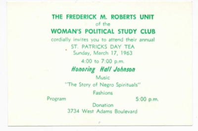 Frederick M. Roberts Unit of the Woman's Political Study Club St. Patrick's Day tea invitation