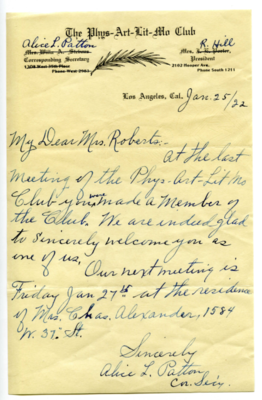 Letter from Alice Patton to Pearl Roberts, re: Phys-Art-Lit-Mor Club