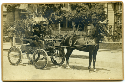 Man and woman riding in rose-decorated carriage [136]