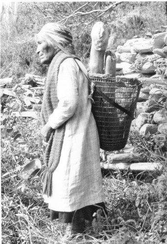 Requa: Mary Ann Frank, carrying driftwood in a burden basket, at a beach wood pile