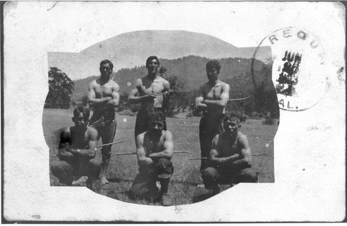 Hoopa: Stick game players, ca. 1912. An early postal exists, written on back in the hand of Harry C. Roberts, addressed to:--Mr Capt Jack Requa California--The message on the left hand side reads:--Hoopa June 19, 1913 Dear Sir I will send you a Card and Tell you That I am not comeing down this Summer For I have to much work Frome Harry Campbell--The postmark on back reads:--Hoopa Cal. JUN 23 7AM 1913