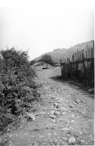 Johnsons: End of the sweathouse at the top of the roadway. An early print exists. A legend on the reverse in Mrs. Roberts' hand reads:--Yurok Indian sweat house, Klamath River, Cal