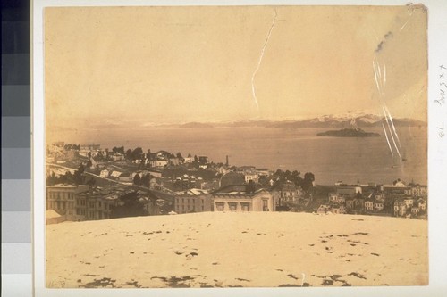 Russian Hill View, and city (?) Alcatraz, in snow, February 1887