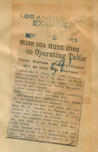 Miss Ida Hunt dies on operating table