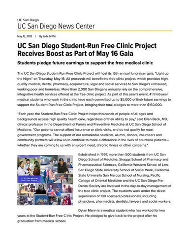 UC San Diego Student-Run Free Clinic Project Receives Boost as Part of May 16 Gala