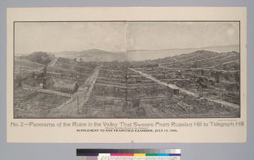 No. 2--Panorama of the ruins in the valley that sweeps from Russian Hill to Telegraph Hill. Showing Alcatraz Island in the distance. Supplement to San Francisco Examiner, July 15, 1906
