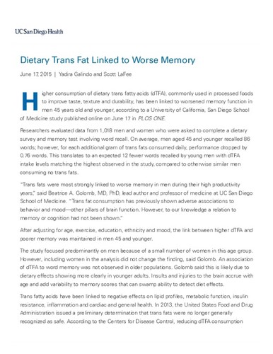 Dietary Trans Fat Linked to Worse Memory
