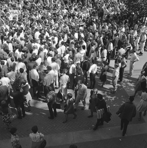 Crowd in upper Sproul Plaza