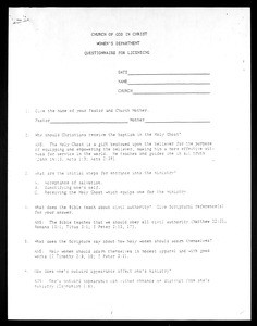 Questionnaire for licensing, COGIC, Women's department, 1987 (copy 1)