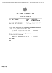 Gallaher International[Memo from Sue James to Jeff Brown regarding raising of a credit note against account CNAMEMUSD on 20001025]