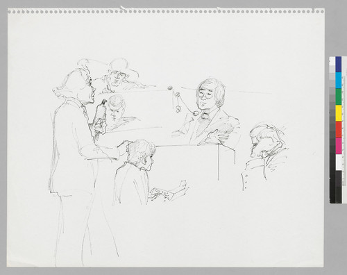 Unidentified courtroom scene - black & white sketch