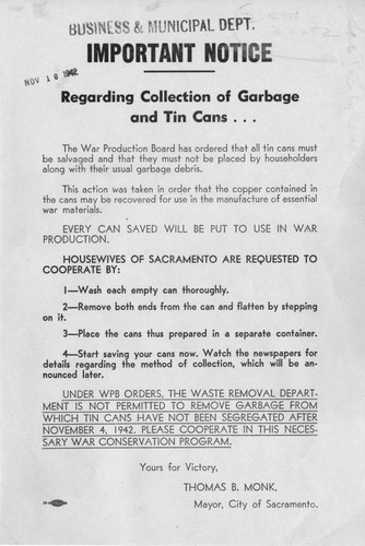 Important Notice Regarding Collection of Garbage and Tin Cans