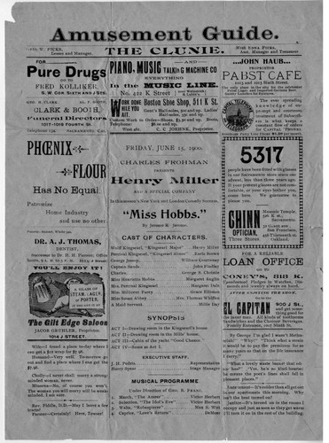 A June 15, 1900 Playbill for "Miss Hobbs" at the Clunie Theater