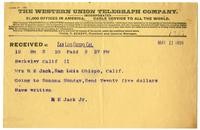 Telegram from R. E. Jack, Jr. to Mrs. R. E. Jack