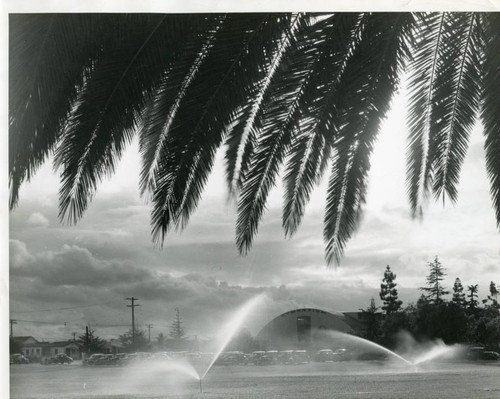 Pepperdine College irrigation system with Gymnasium in background, early 1940s