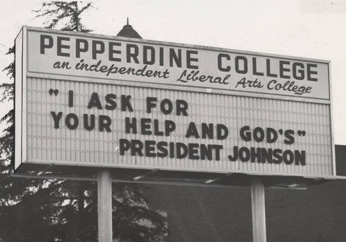 Pepperdine College sign after Kennedy assassination, 1963