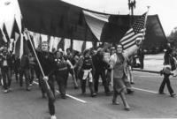 Marchers led by man with America flag