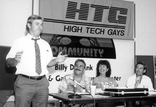 Police Chief Joe McNamara speaking at a High Tech Gays meeting