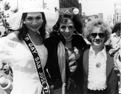 Carla La Mar, Miss Gay San Jose 1977 posing with Crescent Shalimar and Smokey