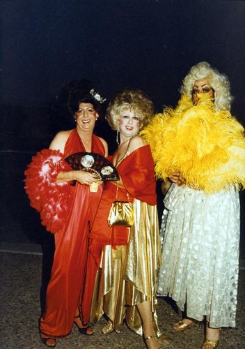 Female impersonators in evening gowns