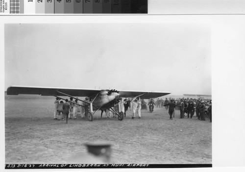 Arrival of Charles Lindbergh and the "Spirit of St. Louis" at Mills Field Municipal Airport, September 16, 1927