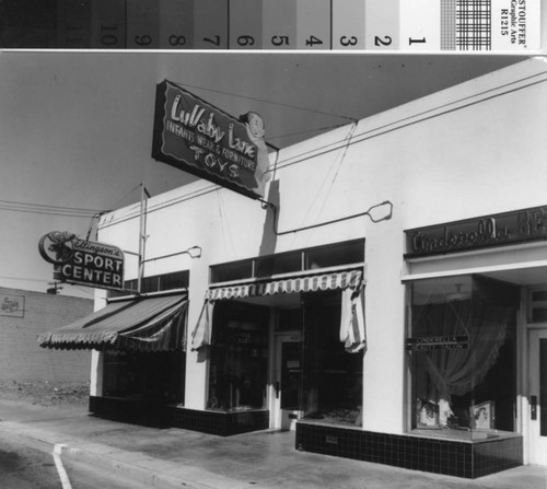 Ellingson's Sports Center, Lullaby Lane, and Cinderella Beauty Salon, San Mateo Avenue, 1940s