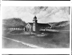 Painting depicting the exterior of the Mission Santa Cruz, ca.1900