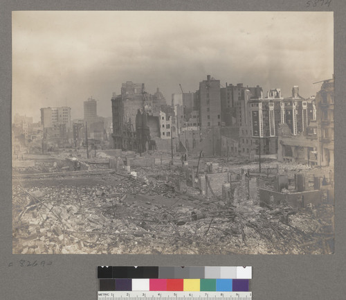 [View of ruins. From Nob Hill? Top of Call Building visible, center.]