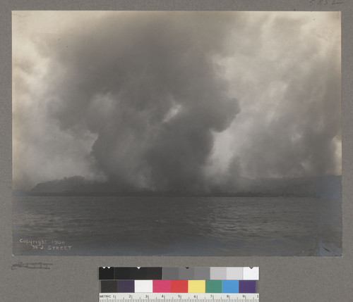 [Fire burning near waterfront, as viewed from San Francisco Bay.]