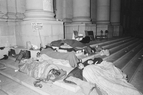 Demonstrators asleep on the steps of Sproul Hall during sit-in the night of Dec. 2nd