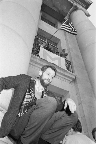 Steve Weissman leaving Sproul Hall from second floor bacony via rope