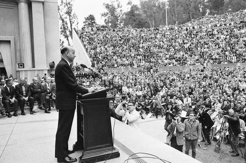 Clark Kerr speaking at Greek Theater convocation