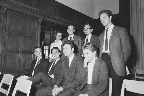 Eight students suspended on Sept 30th for operating a table on campus without a permit, and raising money for unauthorized purposes. Left to right. Seated: Brian Turner, Sandor Fuchs, Arthur Goldberg, Elizabeth Gardner. Standing: David Lance Goines, Mark Bravo, Don Hatch, Mario Savio