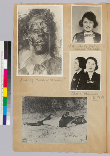 Album page with photographs of murder victim [Middow woman?] and mug shots of Clara Phillips