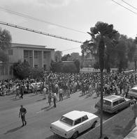 Crowd of students in front of the campus music building