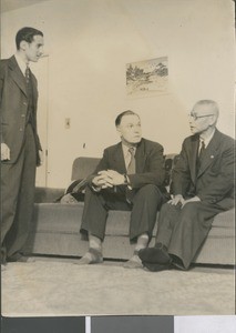 Dean Logan Fox and President E. W. McMillan of Ibaraki Christian College Meet with Takeshi Yamazaki, Former Speaker of the Imperial Japanese Diet, Ibaraki, Japan, ca.1948-1952