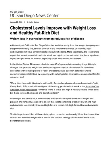 Cholesterol Levels Improve with Weight Loss and Healthy Fat-Rich Diet